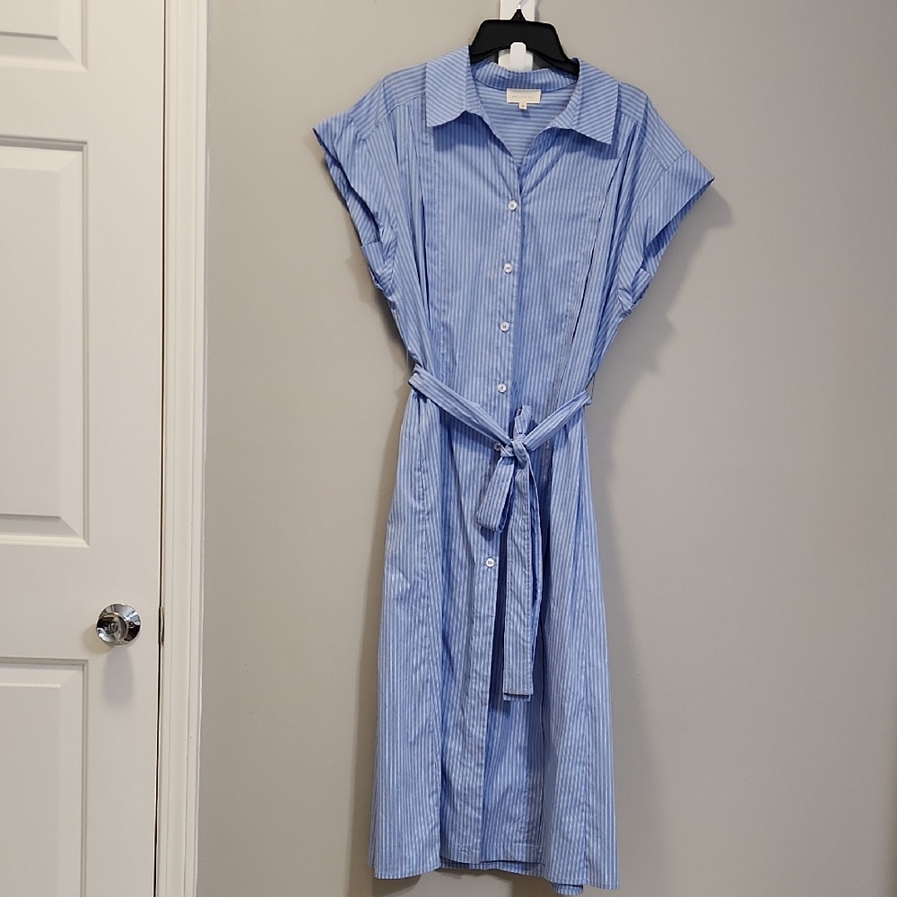 Melloday Vertical Stripe Belted Button Down Shirt Dress Blue Size L Quiet Luxury